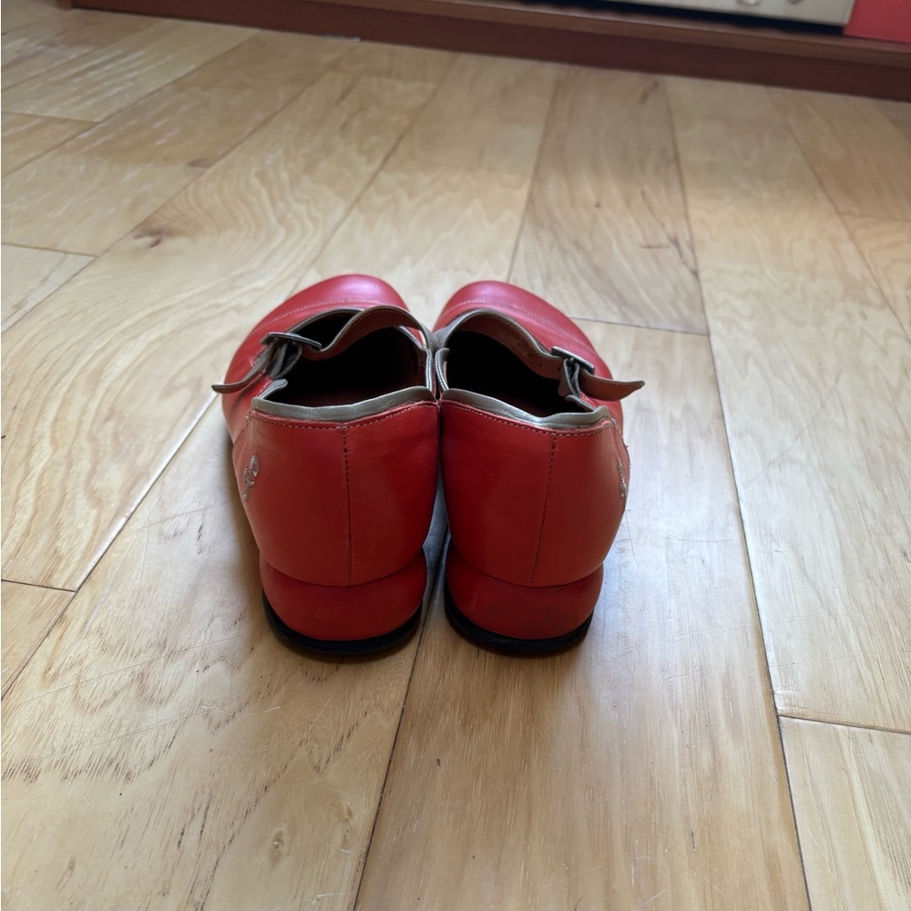 John Fluevog Orange Mary Jane Flats with Cream Strap and Trim - Picture 4 of 13